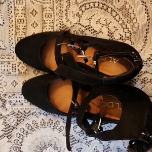 Aldo black suede shoes. Three buckles and zippered back